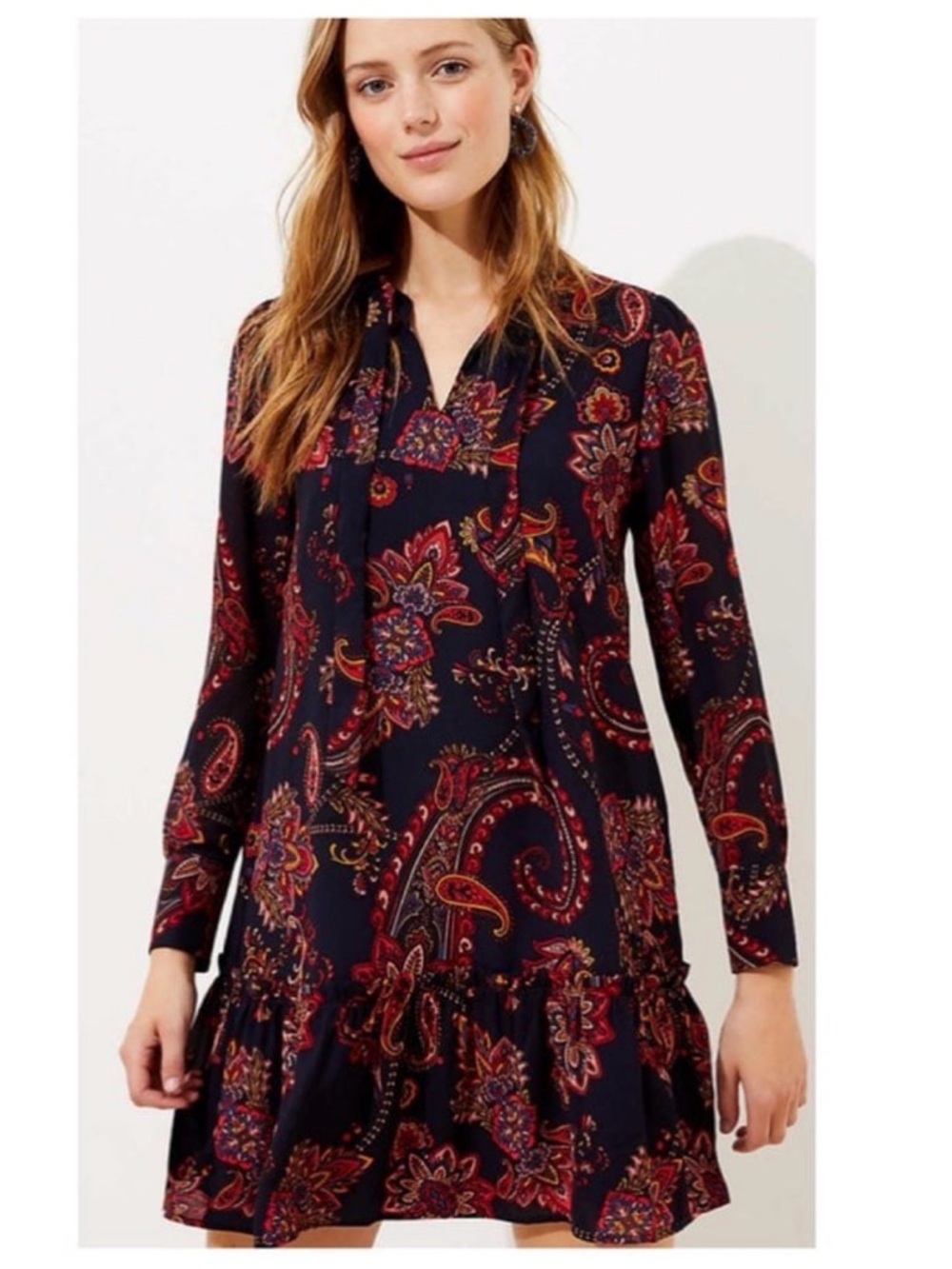 LOFT Navy Paisley Long-Sleeve Shift Dress with Red Accents